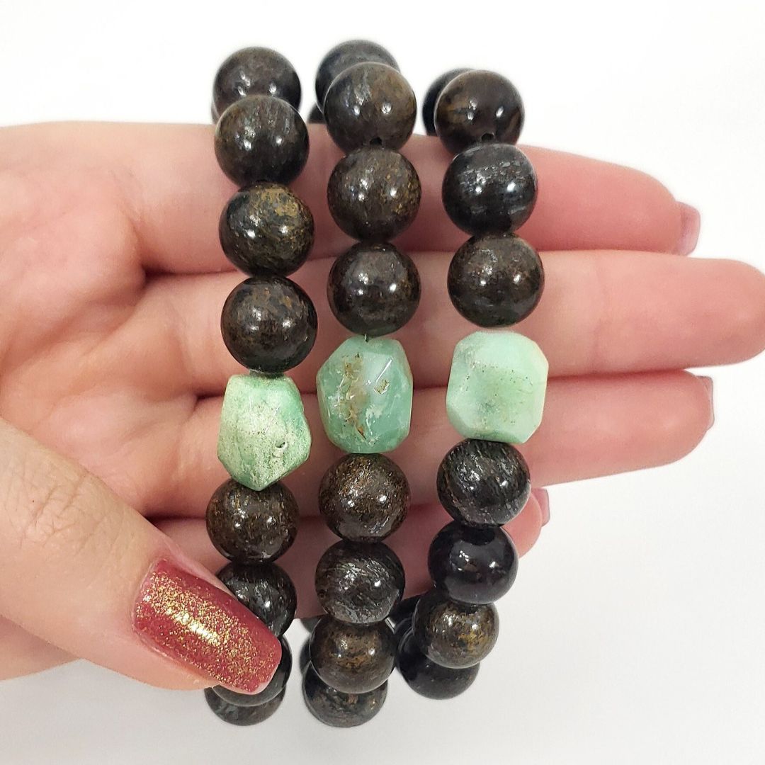 10mm Bronzite Beaded Bracelet with Chrysoprase Focal Bead – Grounded Energy for Your Journey