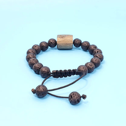 8mm Black Lava Stone Adjustable Bracelet with Pyrite Focal Bead | Manifestation and Protection