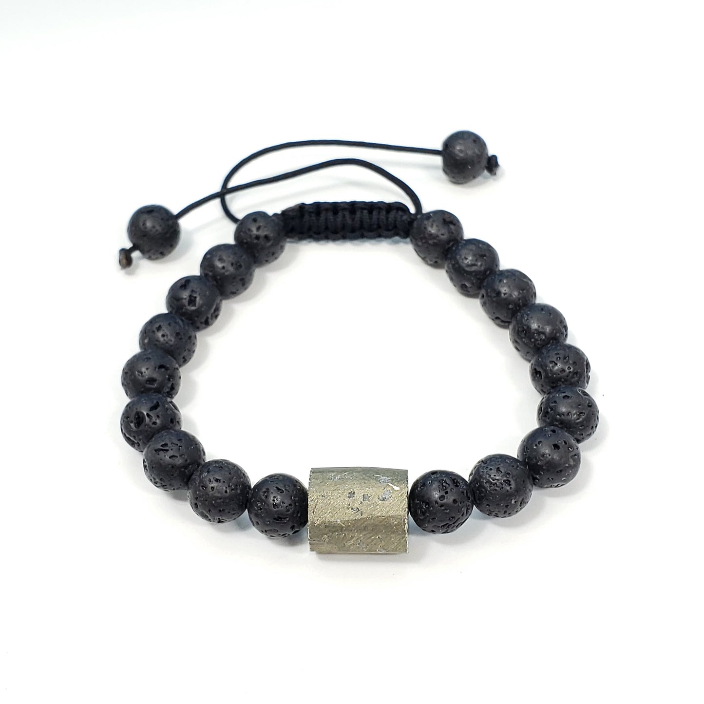 8mm Black Lava Stone Adjustable Bracelet with Pyrite Focal Bead | Manifestation and Protection