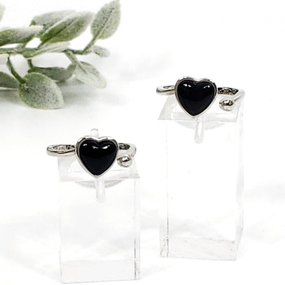 Black Onyx Heart Shaped Adjustable Sterling Silver Ring