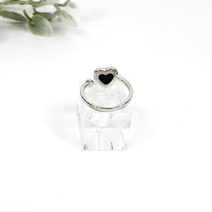 Black Onyx Heart Shaped Adjustable Sterling Silver Ring