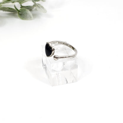 Black Onyx Heart Shaped Adjustable Sterling Silver Ring