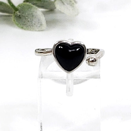 Black Onyx Heart Shaped Adjustable Sterling Silver Ring