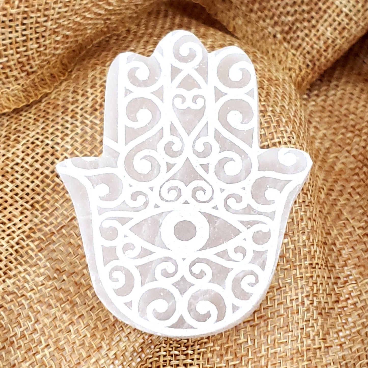 Small Selenite Etched Hamsa