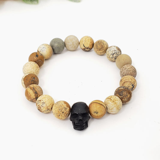 Picture Jasper Bracelet with Buffalo Bone Skull