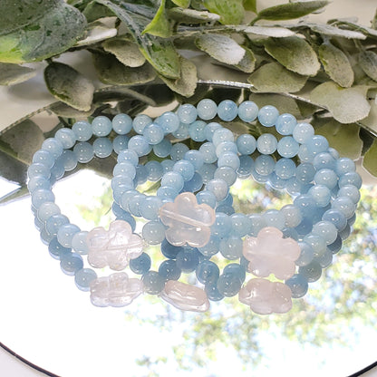 Aquamarine Crystal Bracelet with Rose Quartz Flower