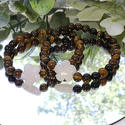 Tiger Eye Crystal Bracelet with Rose Quartz Flower