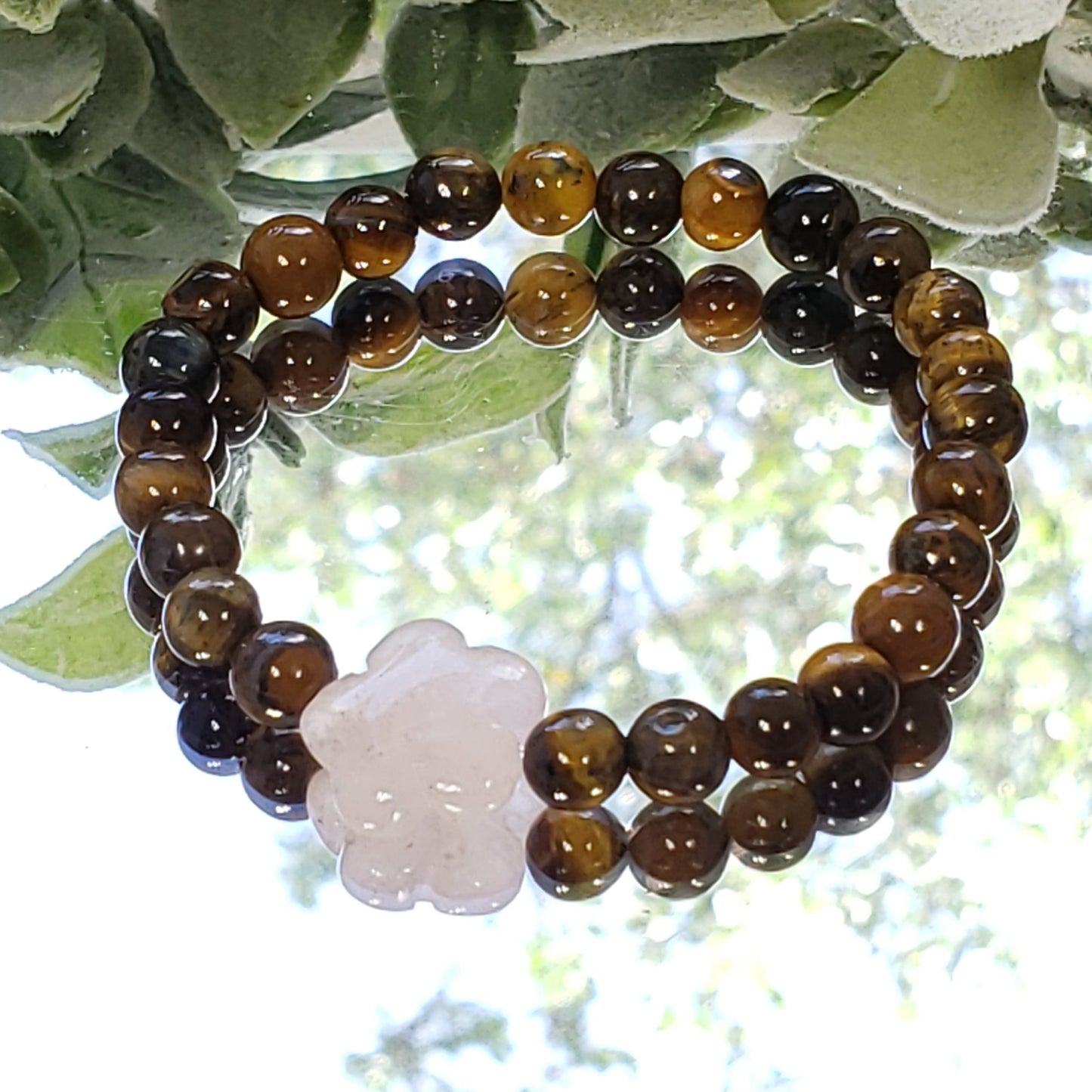 Tiger Eye Crystal Bracelet with Rose Quartz Flower