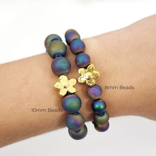 Titanium Aura Agate Beaded Bracelet with Golden Flower – Limited Fall Edition