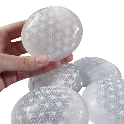 Flower of Life Carved Selenite Palm Stone