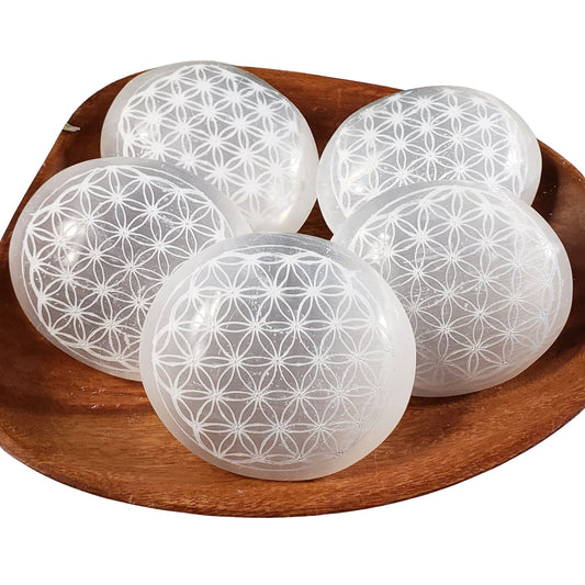 Flower of Life Carved Selenite Palm Stone