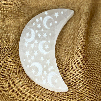 Selenite Moon & Stars Charging Plate - Clear, Cleanse and Protect your Energy