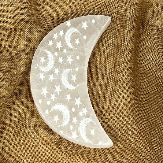 Selenite Moon & Stars Charging Plate - Clear, Cleanse and Protect your Energy