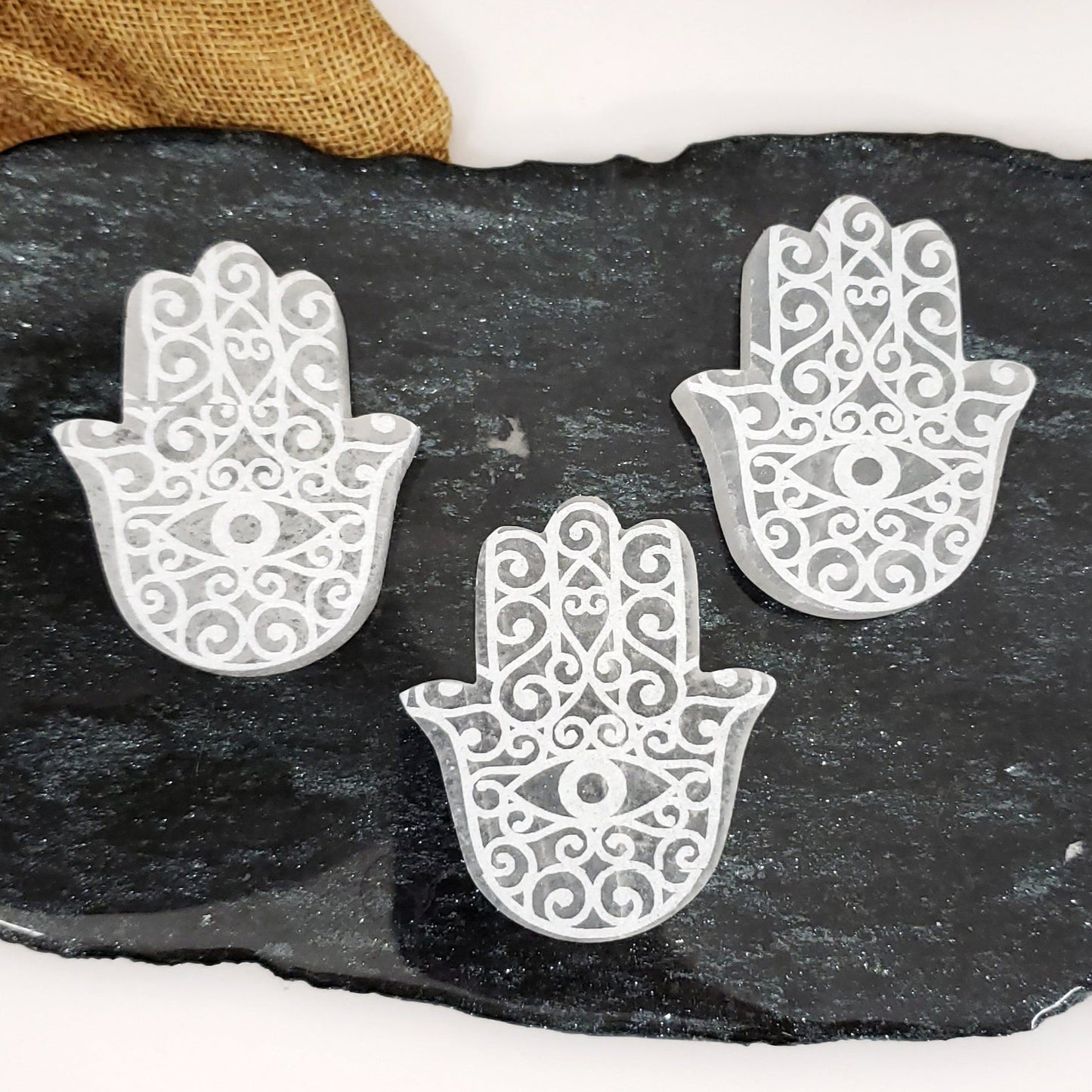 Small Selenite Etched Hamsa