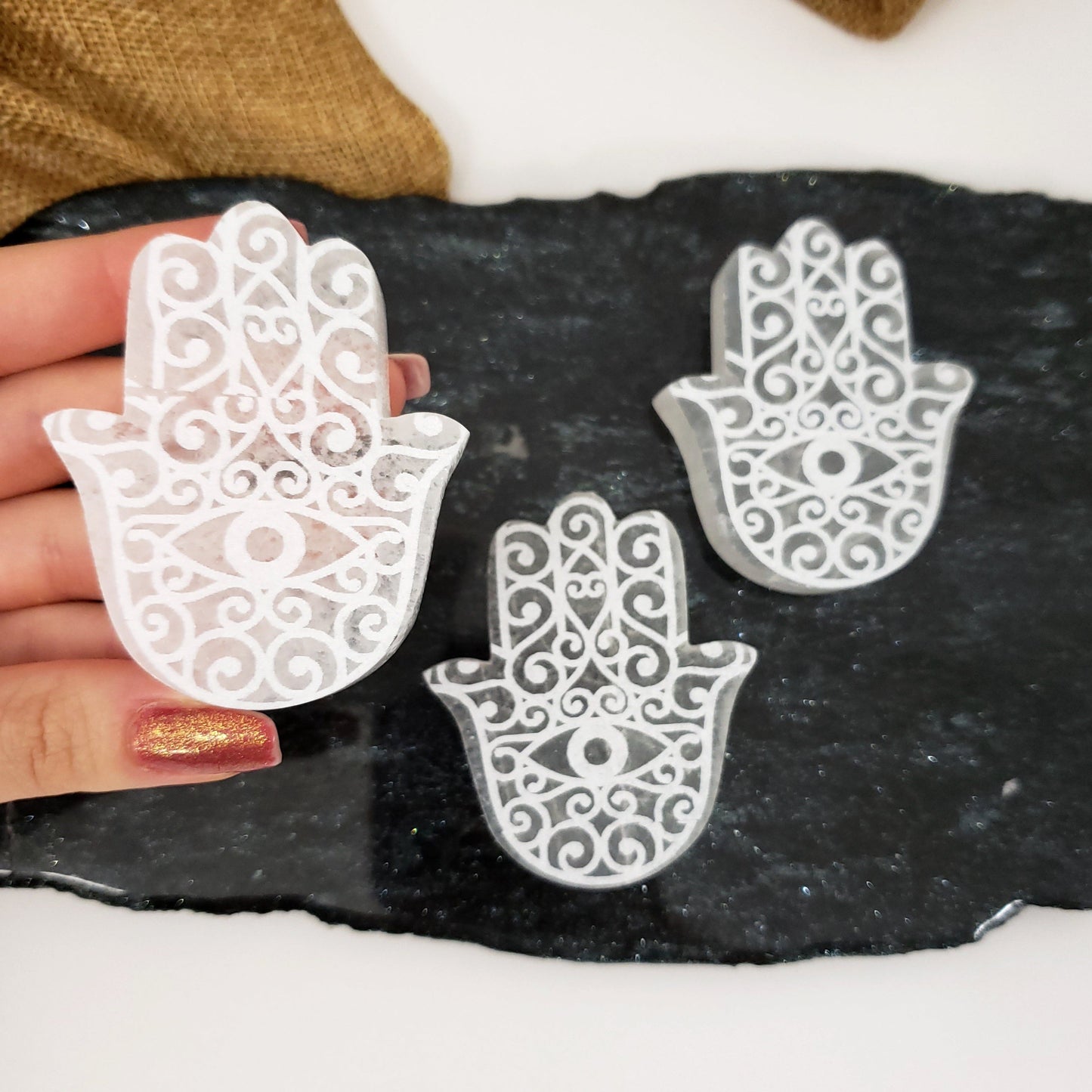 Small Selenite Etched Hamsa