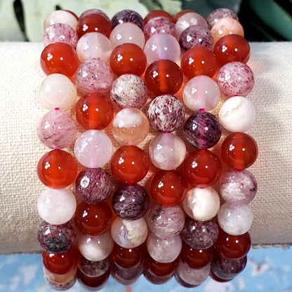 LOVE Vibes 8mm Beaded Bracelet - Carnelian, Flower Agate, Strawberry Quartz - Crystal Happenings