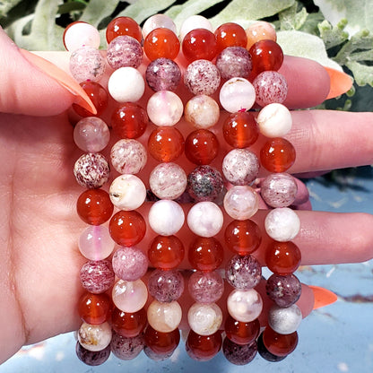 LOVE Vibes 8mm Beaded Bracelet - Carnelian, Flower Agate, Strawberry Quartz - Crystal Happenings