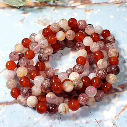 LOVE Vibes 8mm Beaded Bracelet - Carnelian, Flower Agate, Strawberry Quartz - Crystal Happenings