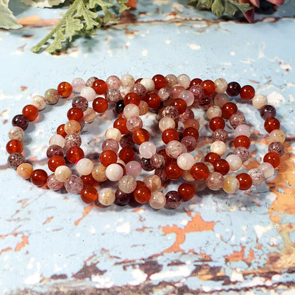 LOVE Vibes 8mm Beaded Bracelet - Carnelian, Flower Agate, Strawberry Quartz - Crystal Happenings