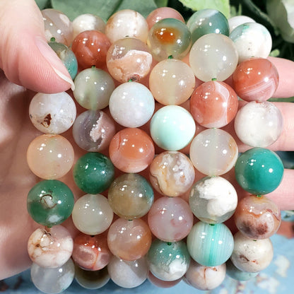 Green Flower Agate 12mm Beaded Stretch Bracelet - Crystal Happenings