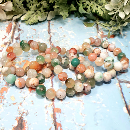 Green Flower Agate 12mm Beaded Stretch Bracelet - Crystal Happenings