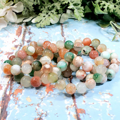 Green Flower Agate 12mm Beaded Stretch Bracelet - Crystal Happenings