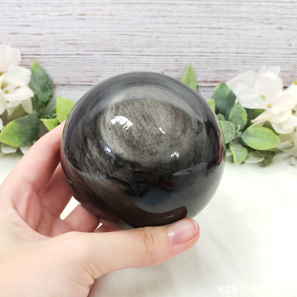 Silver Sheen Obsidian 82mm Sphere KS9 - Crystal Happenings