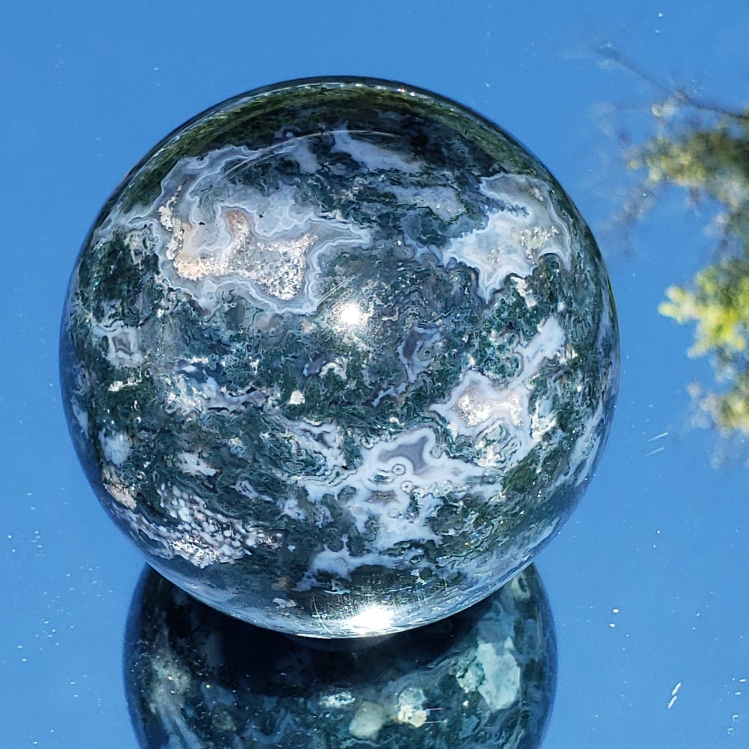 A+ Green Moss Agate 80mm Sphere - Crystal Happenings